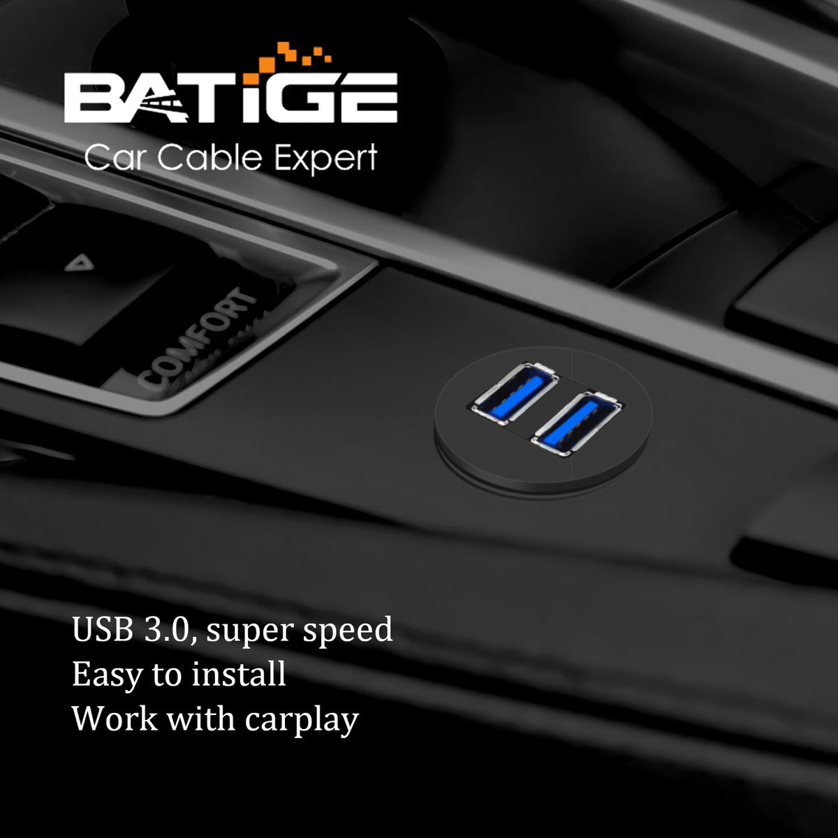 BATIGE 2 Ports Dual USB 3.0 Male to USB 3.0 Female AUX Flush Mount Car  Mount Extension Cable for Car Truck Boat Motorcycle Dashboard Panel -3ft