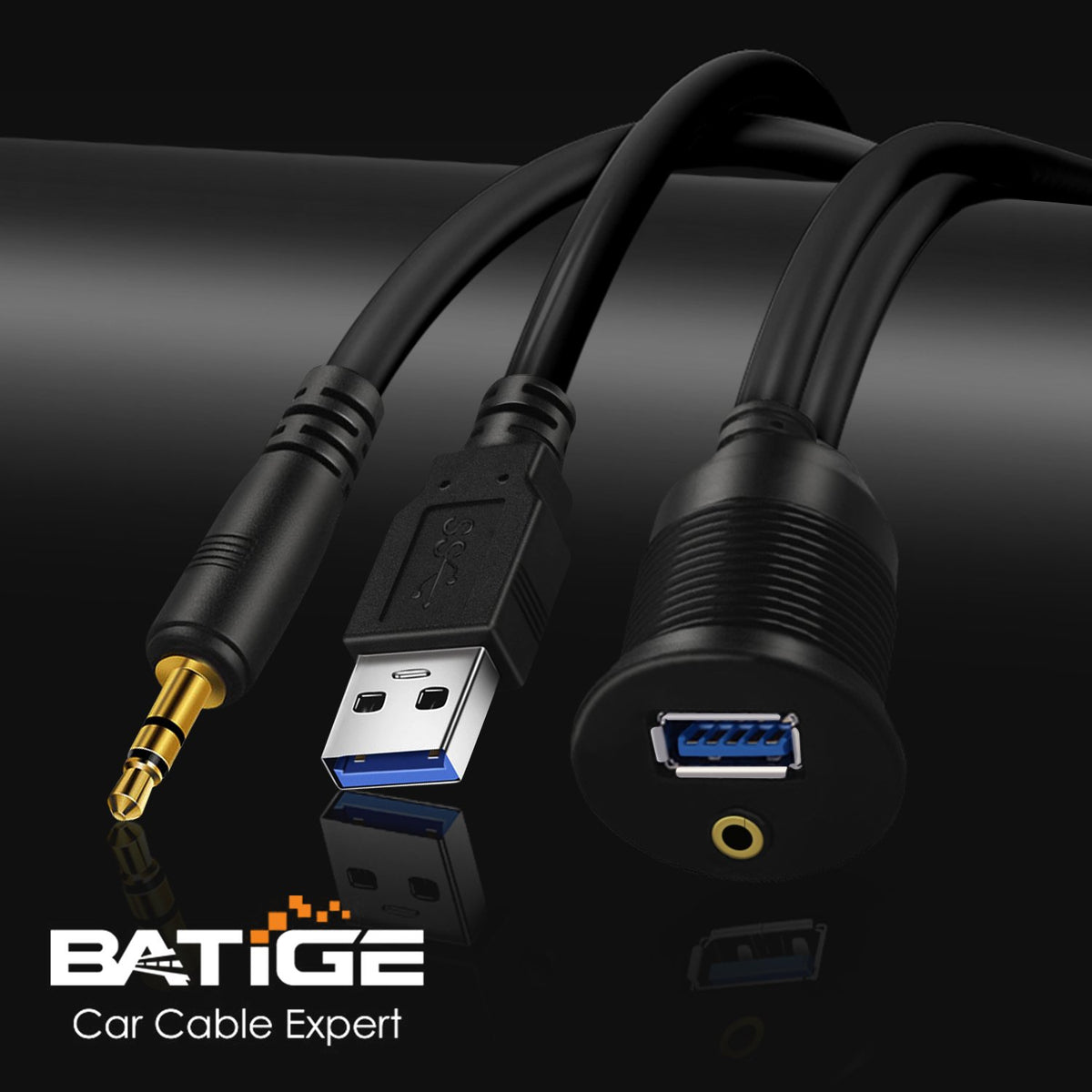 BATIGE USB 3.0 & 3.5mm Car Mount Flush Cable 3ft