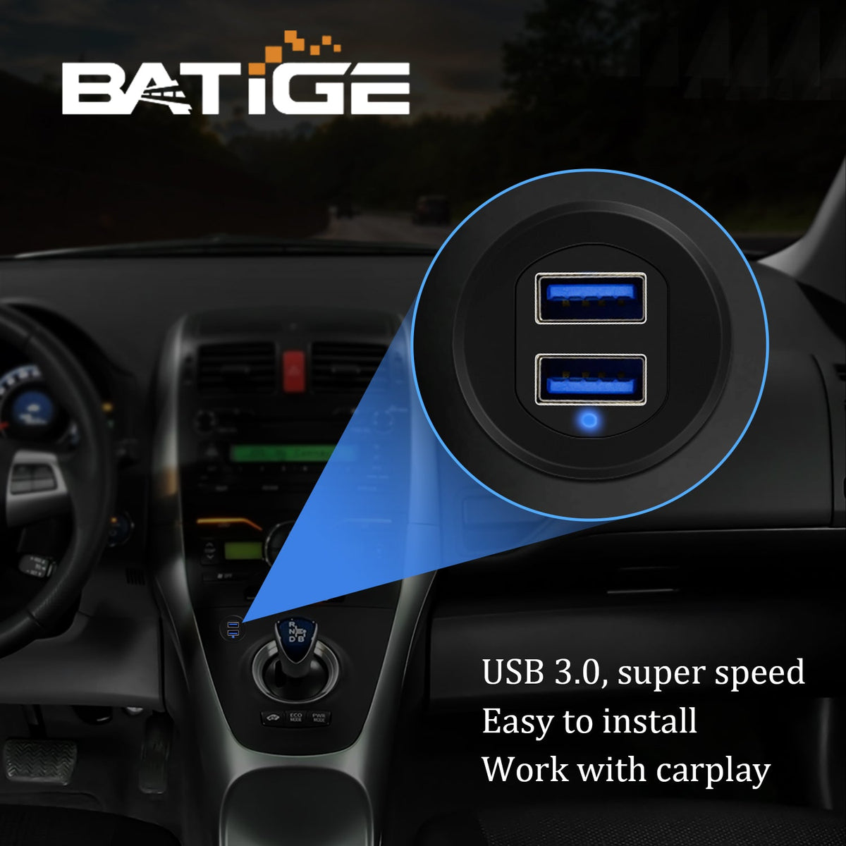 BATIGE Alloy With LED Dual Port USB 3.0 Car Dashboard Flush Mount Cable 1M, CAR MOUNT USB CABLE