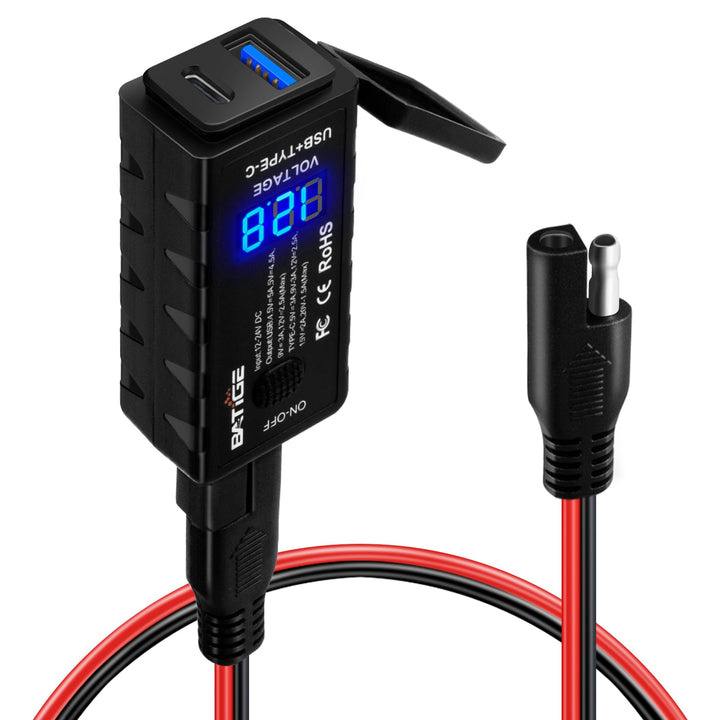 BATIGE Motorcycle USB Charger SAE to USB Adapter Type C and USB 3.0 with Voltmeter