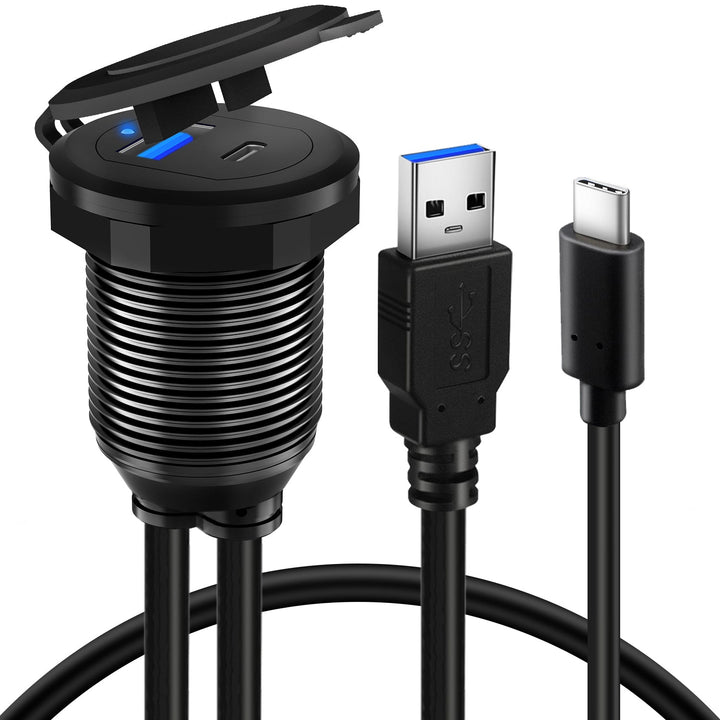 BATIGE Type C 3.0 and USB 3.0 Alloy Shell With LED Car Mount Flush Cable 1M