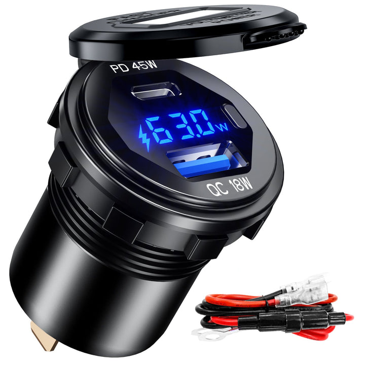 Thlevel USB C Car Charger Socket 45W PD Type C & 18W QC3.0 USB Fast Charger  Socket Power Waterproof with LED Digital Voltmeter and Switch for 12V /